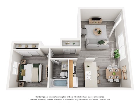Floor plan for 1 bed, 1 bath, 600 sqft
